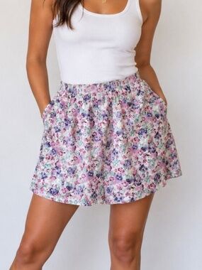 Vintage Brindar Floral Skort USA Made Cotton High Waist Pockets Pastel L